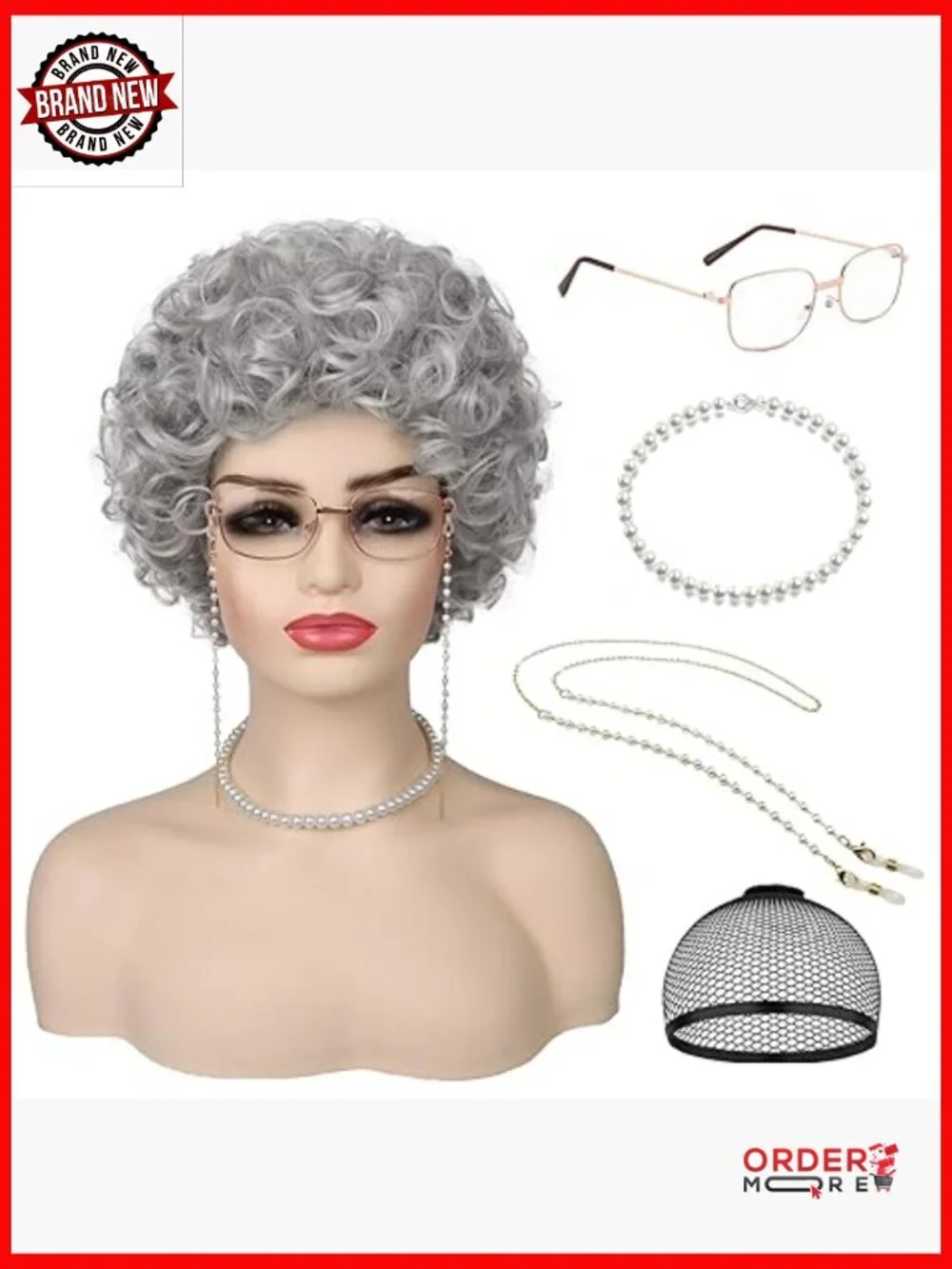 Synthetic Granny Wig Set with Glasses and Necklace for Costume Parties